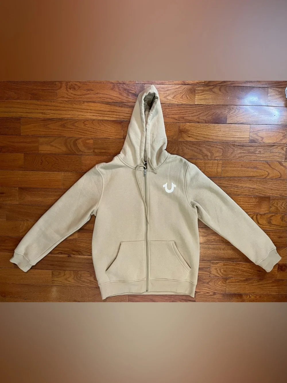 True Religion Big Horseshoe Flock Zip Hoodie Tan Men's M Graphic Streetwear Logo